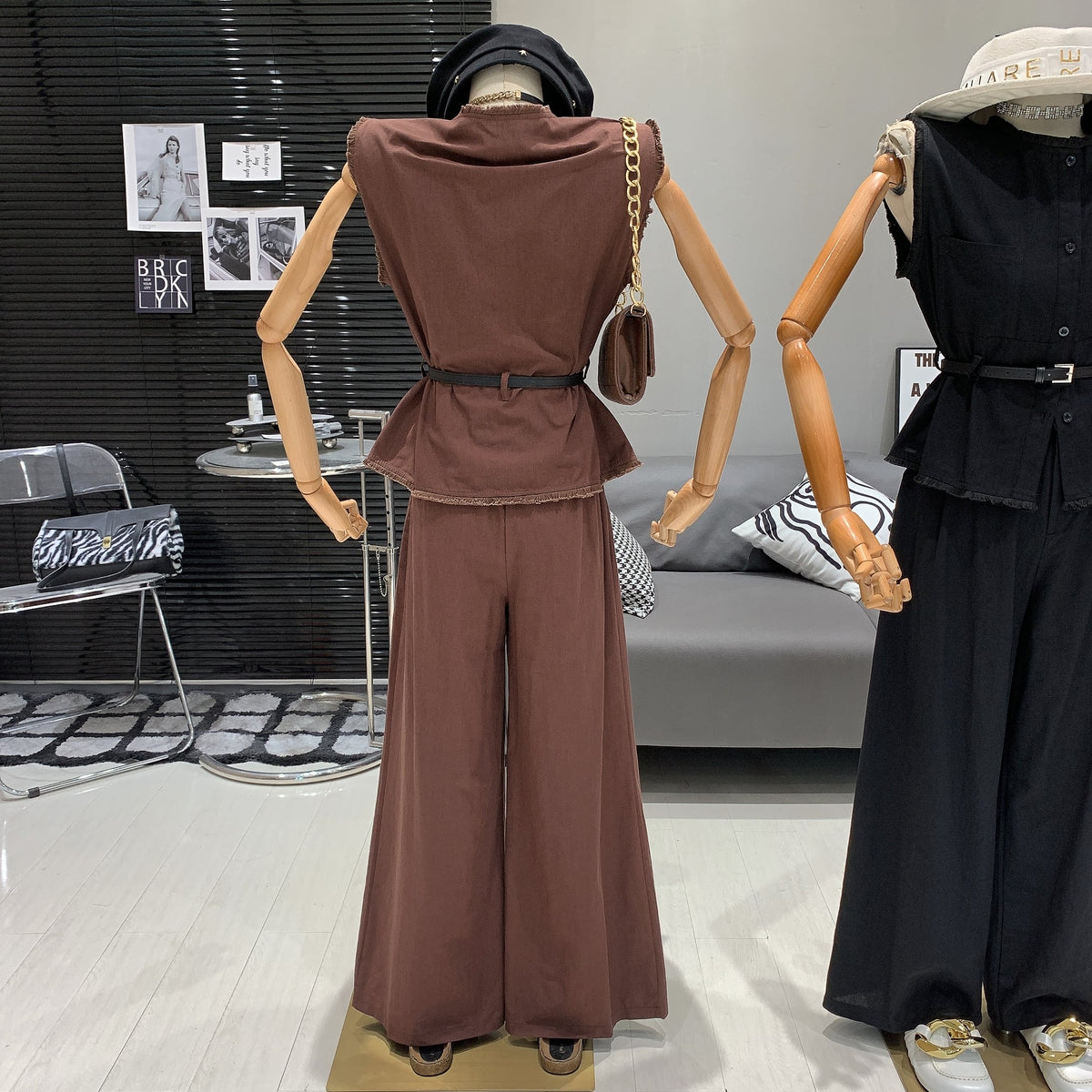【set】ノースリーブトップス+ワイドパンツセットベルト付き　M24993
