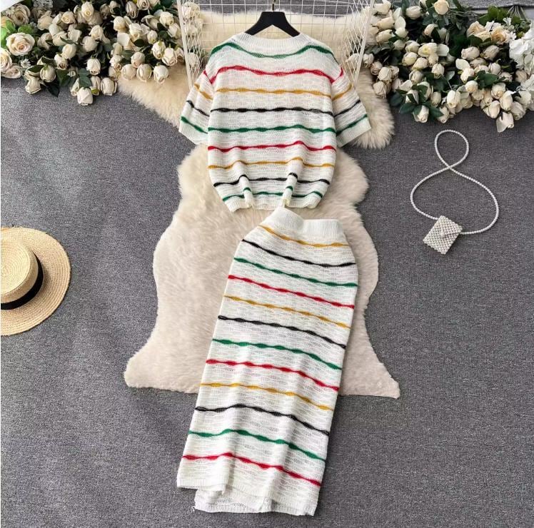 【set】ボーダー柄Ｔシャツ+スカート2点セットF7522