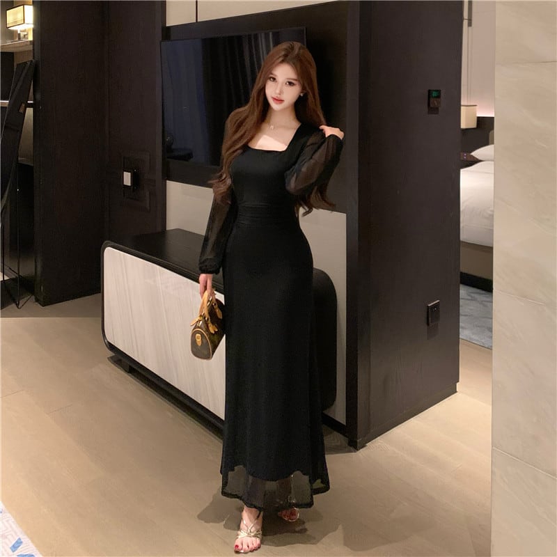【dress】チュールドッキングロングワンピース Q7872