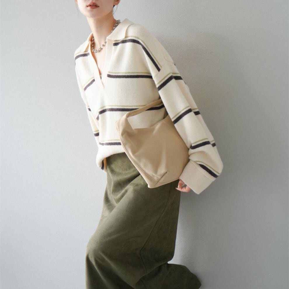 【tops】Ⅴネックボーダー柄ニットトップス N3430