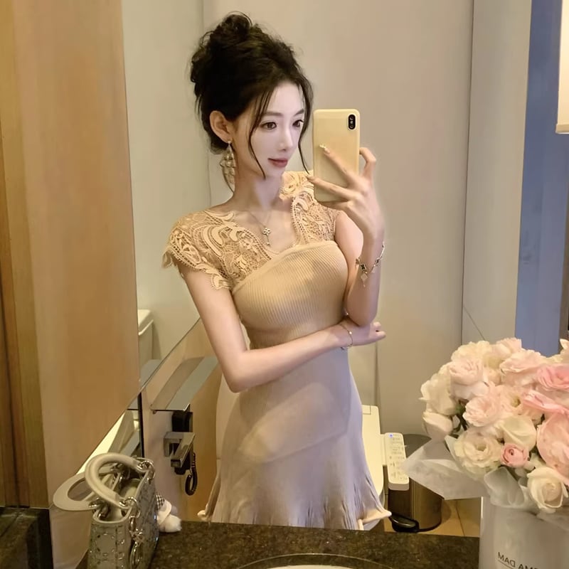 【dress】ノースリーブレースドッキングミニワンピース Q8469