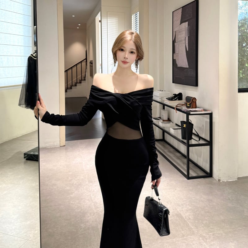 【dress】オフショルチュールドッキングワンピース Q7418