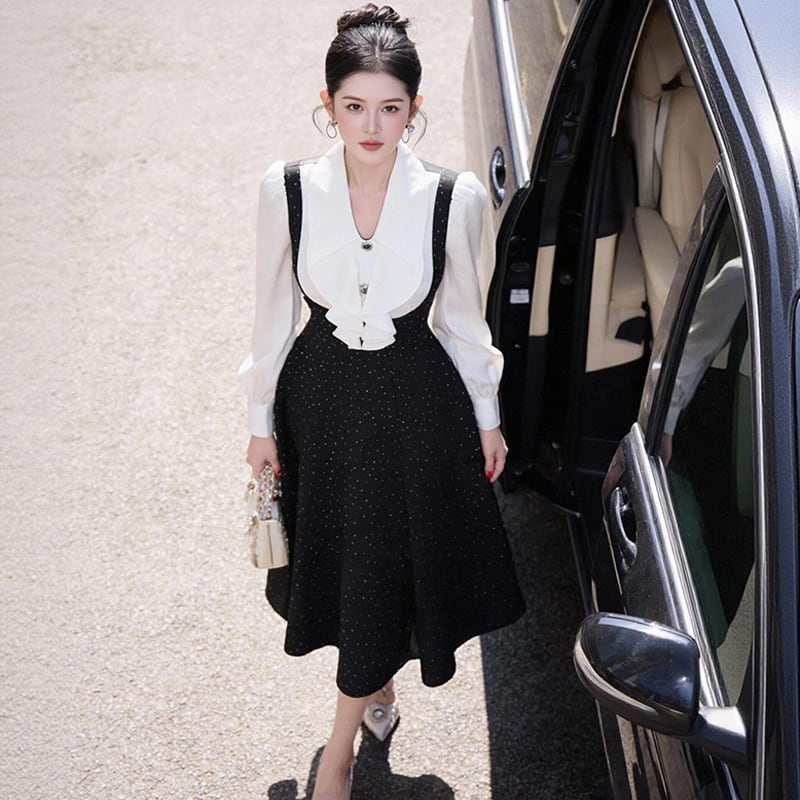 【dress】ラインストーン付きフリルロングワンピース Q7970