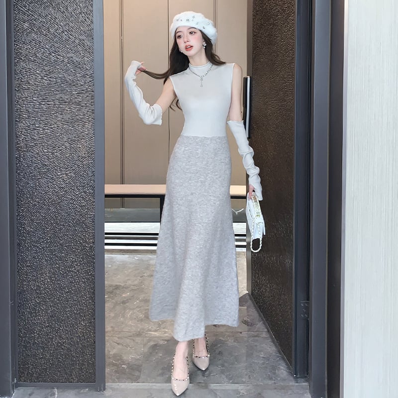 【dress】アームカバー付きドッキングニットワンピース　M28118