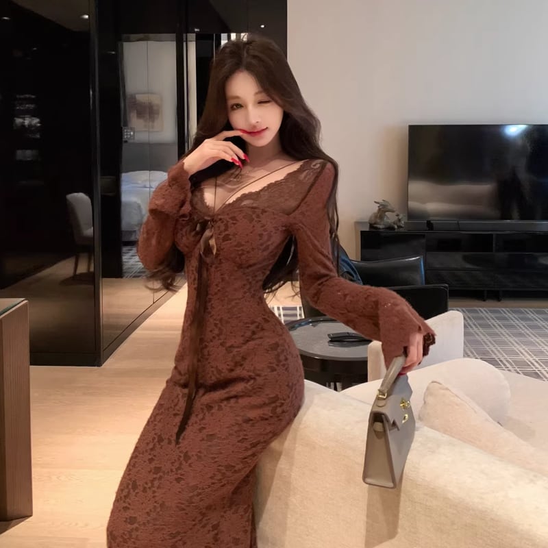【dress】胸パット付きロングレースワンピース Q8167