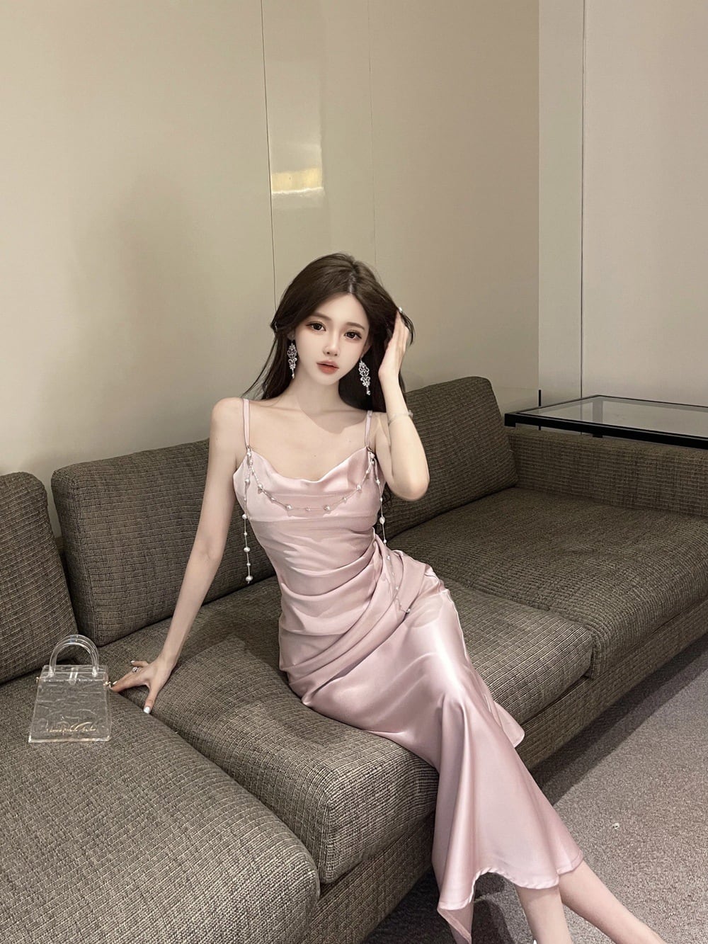 【dress】パール付きロングキャミワンピース Q7994