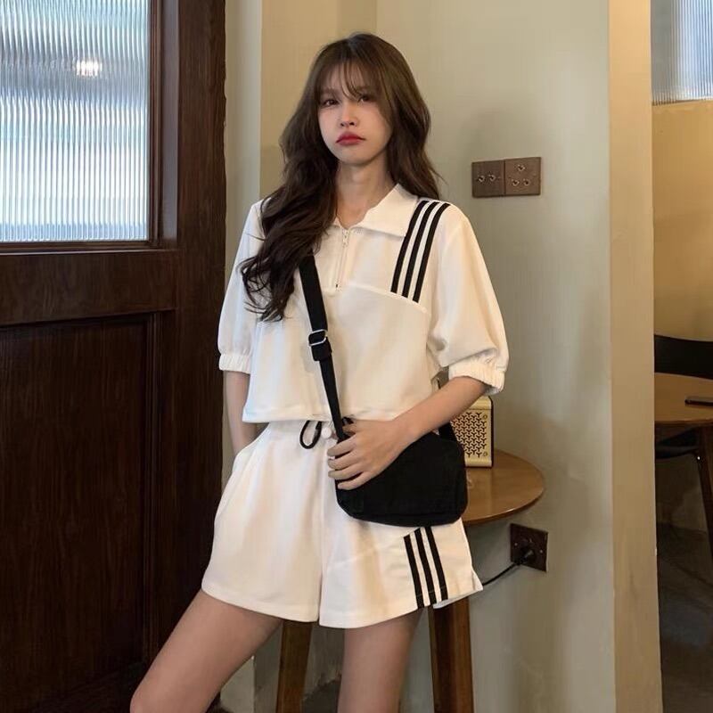 【set】INS風カジュアル気質満点POLOネックトップス+ショートパンツレディース２点セット G13533