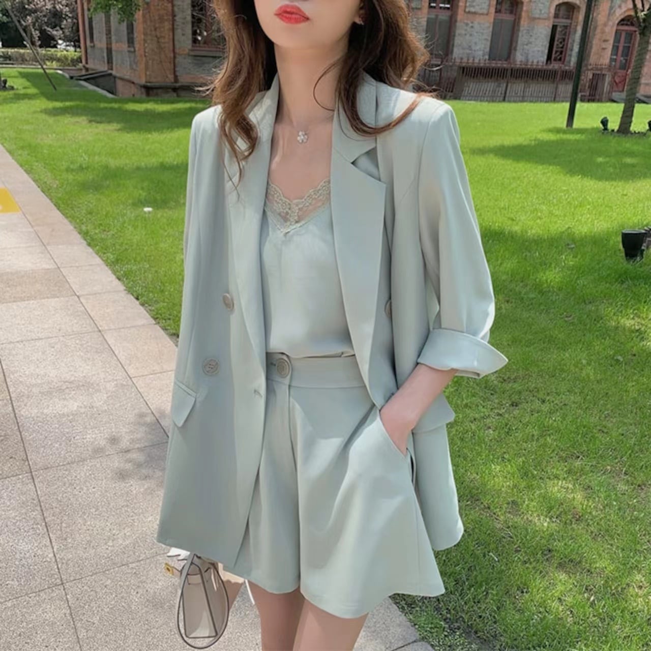 【set】スーツ+キャミソール+ショートパンツセットアップ G0387