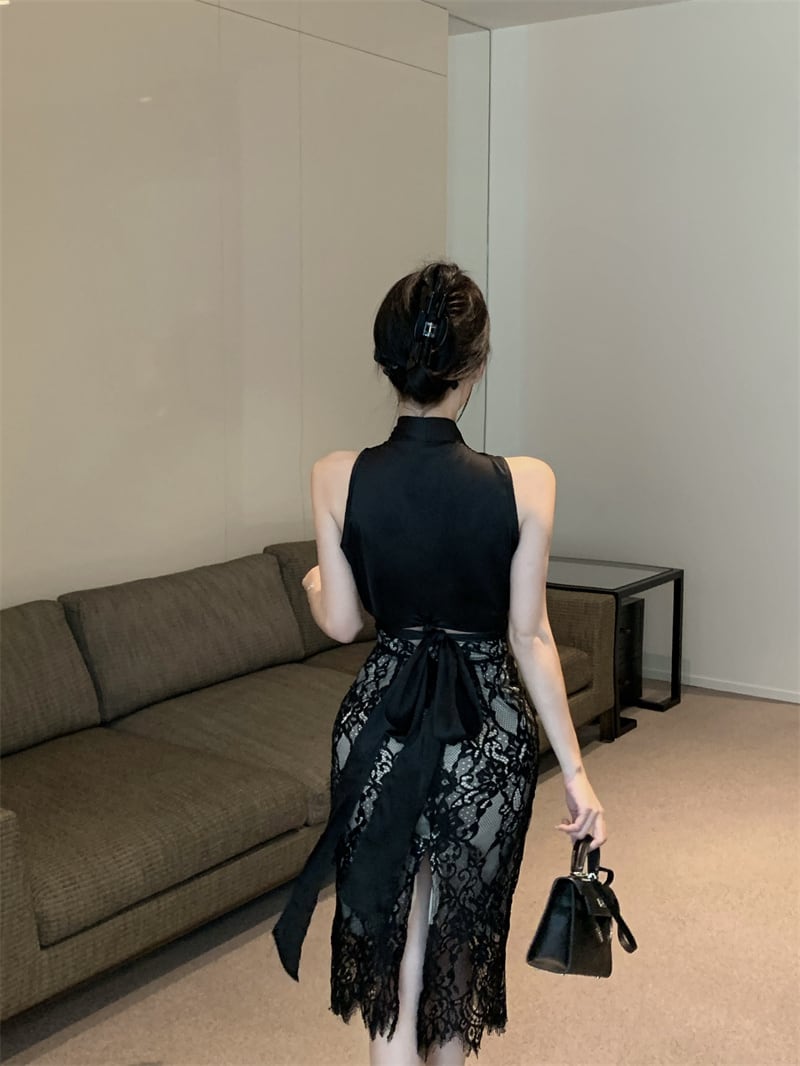 【set】ホルターネックトップス×レーススカートセット     N2672