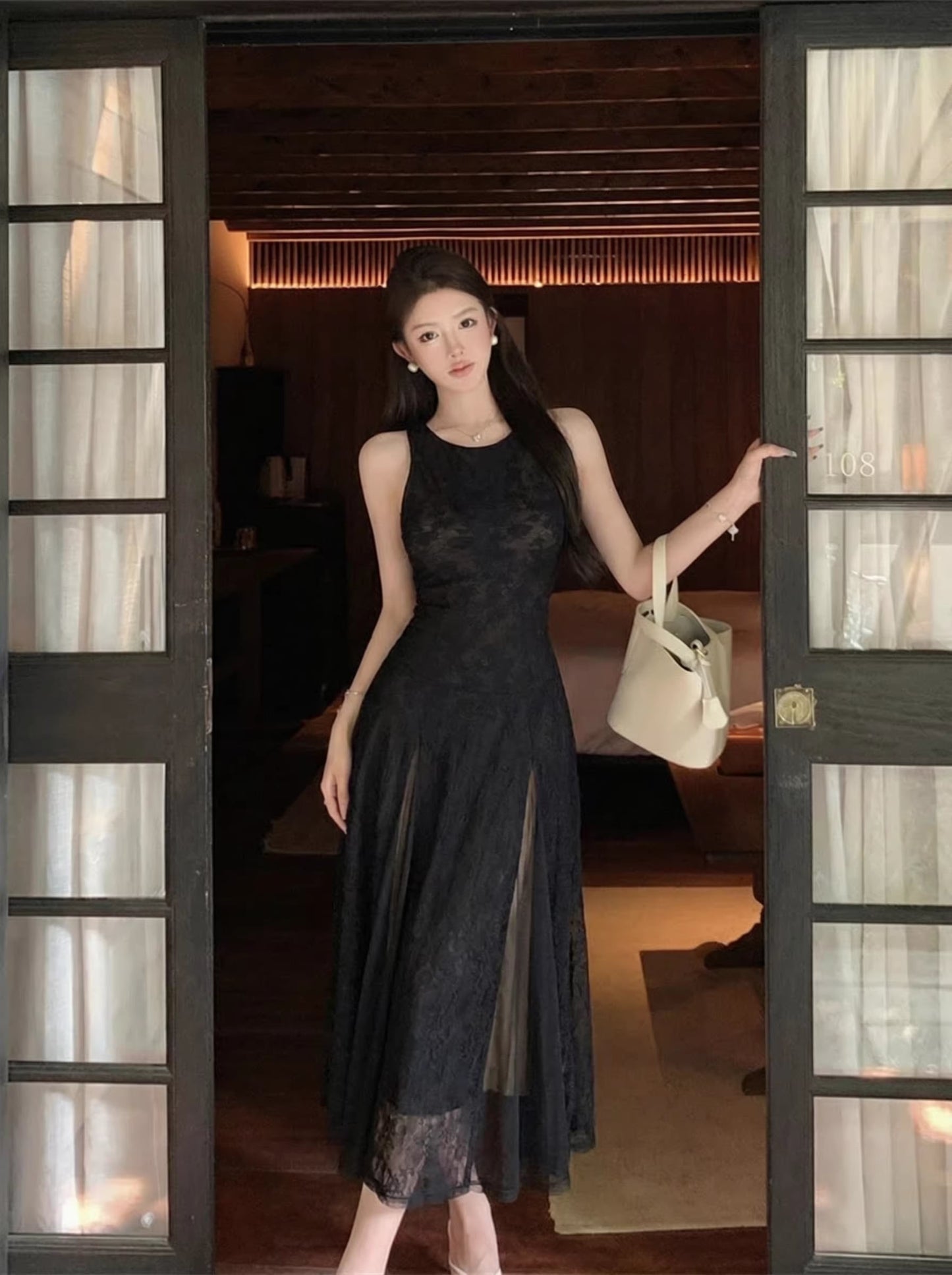 【dress】ノースリーブレースロングワンピース Q8273