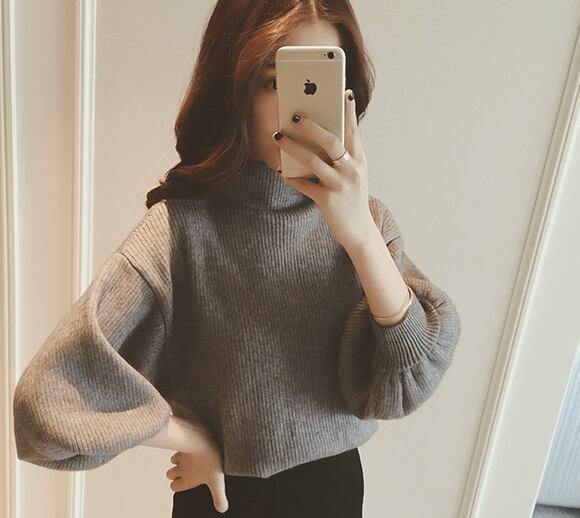 【tops】女性力を高める〜ハーフネック長袖パフ袖体型カバーファッション無地セーターF0826