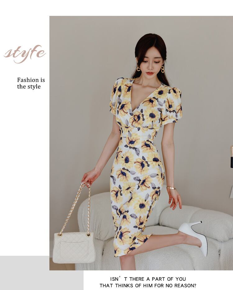 【dress】Vネック花柄パフスリーブワンピース G21005