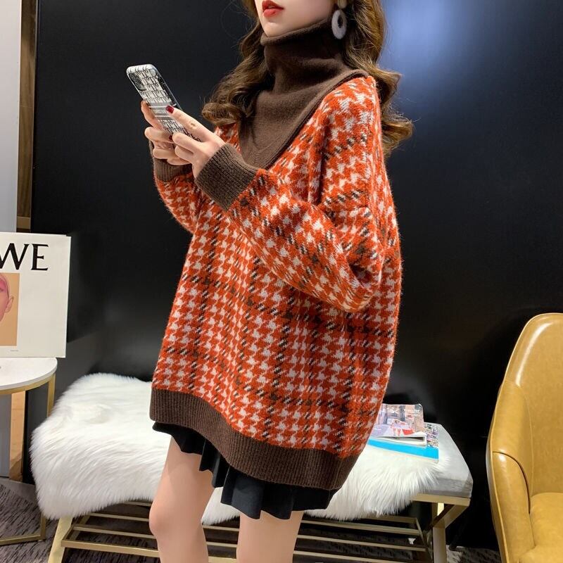 【tops】美人度アップ!韓国系ハイネック偽二つ切り替え秋冬ゆったりルーズ厚手セーター G3658