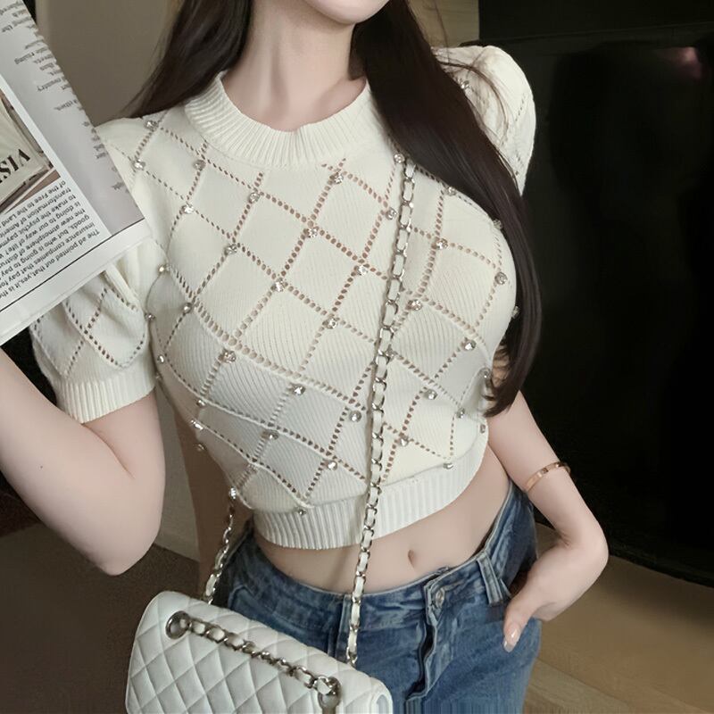 【tops】細身効果抜群♪夏新作3色ラウンドネック半袖ビーズ飾り体型カバー着回し薄手ニットF4718