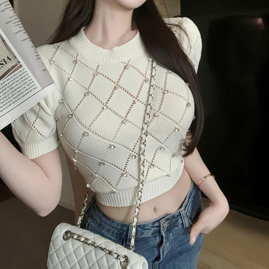 【tops】細身効果抜群♪夏新作3色ラウンドネック半袖ビーズ飾り体型カバー着回し薄手ニットF4718