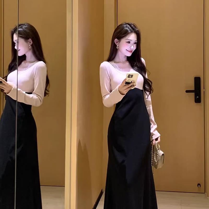 【dress】レースドッキングロングニットワンピース Q7853