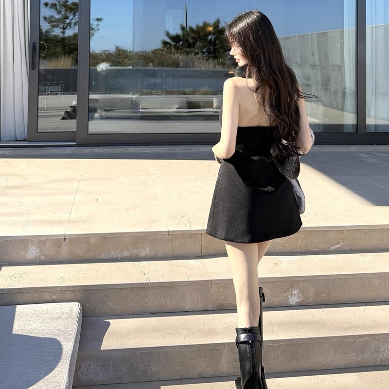 【dress】ファー付きホルターネックワンピース Q7636