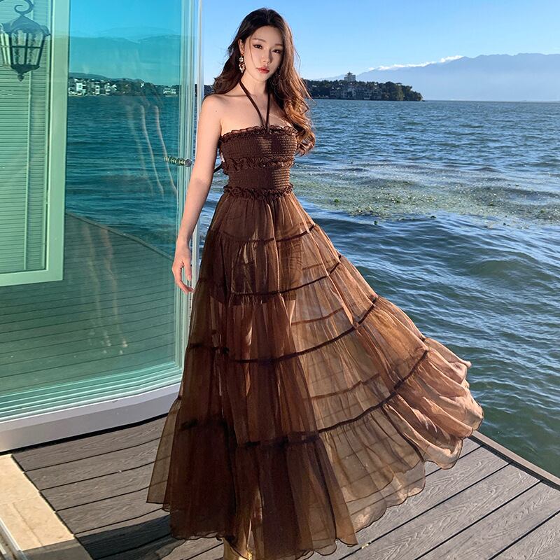 【dress】ホルターネックシアーチュールロングワンピース Q8483
