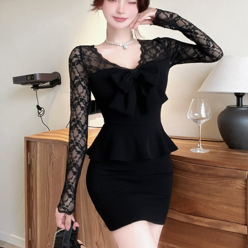 【dress】レース切り替えリボン付きワンピース　M27379