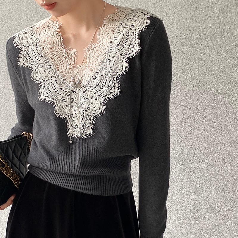 【tops】Vネックレースドッキングニットトップス Q7241