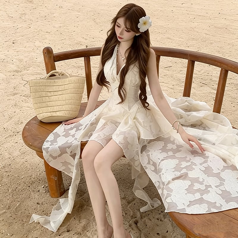 【dress】ホルターネックレースイレヘムワンピース Q8412