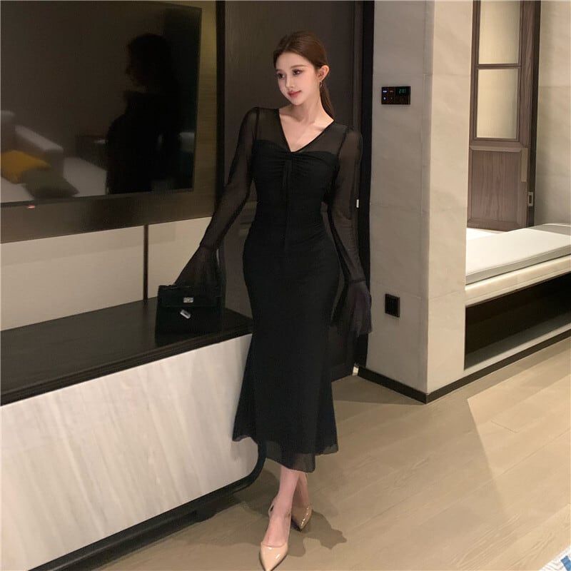 【dress】Vネックチュールワンピース Q7873
