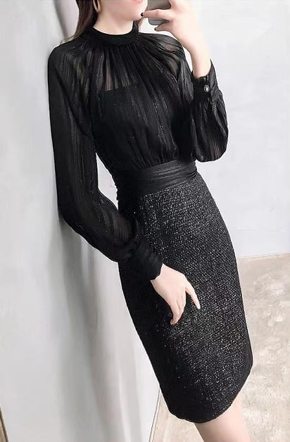 【dress】今季トレンド長袖切り替え韓国ファッションOL通勤無地パーティー卒業式タイトワンピースF1552
