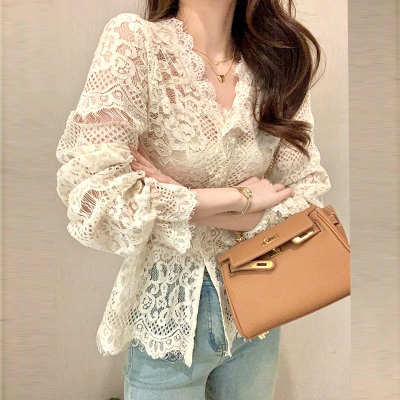 【tops】VネックレースブラウスF7091