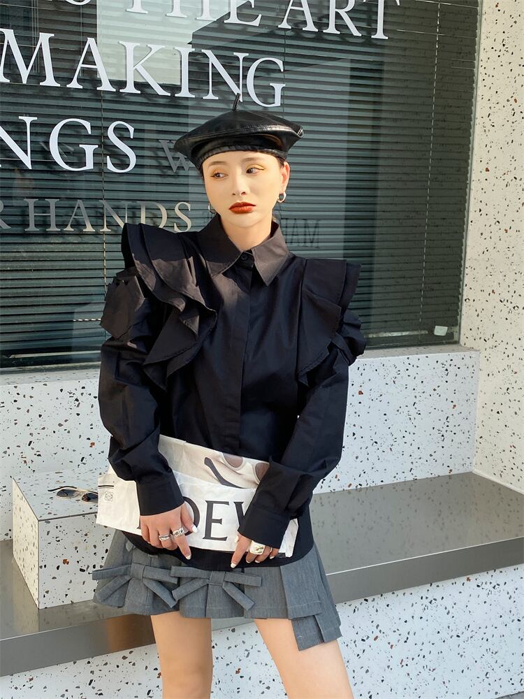 【tops】POLOネック長袖パフ袖ブラウスF7056