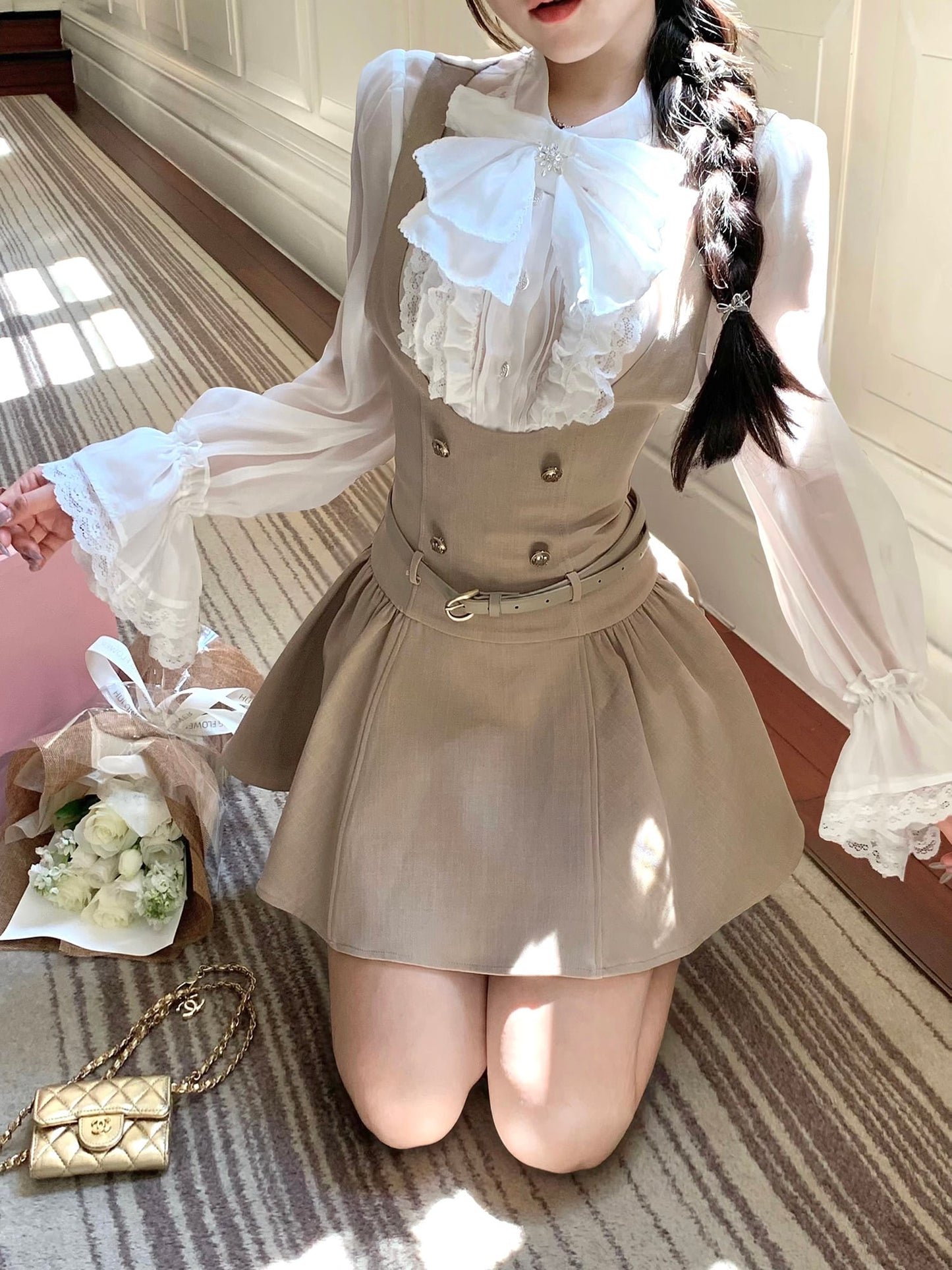 【set】フリルブラウス×サロペットスカートセット     N3295