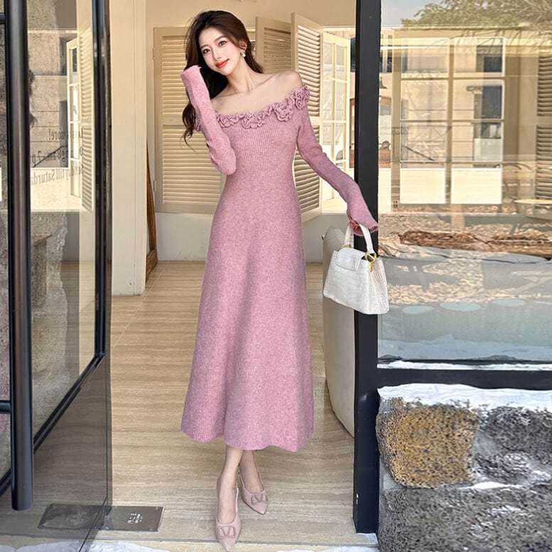 【dress】立体フラワーニットワンピース　M27289