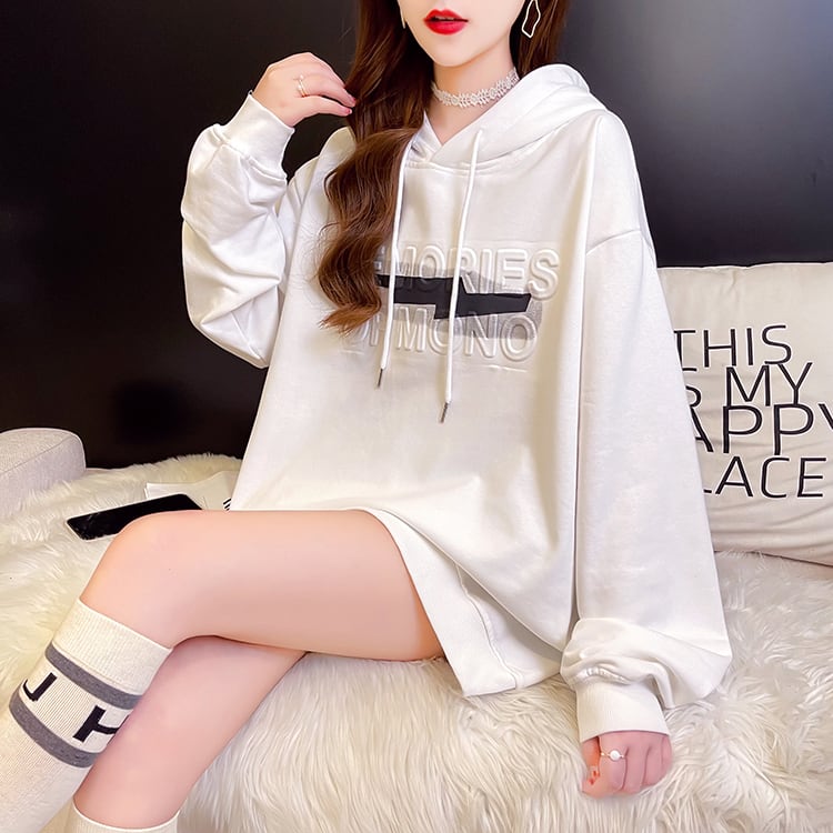 【tops】2色英字柄INS風フード付き長袖ゆったり着回しパーカーF0709