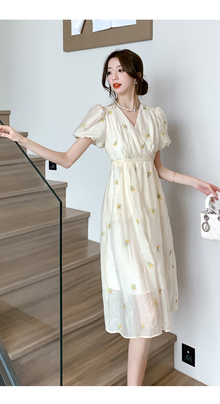 【dress】Vネック花柄パフスリーブワンピース G21582