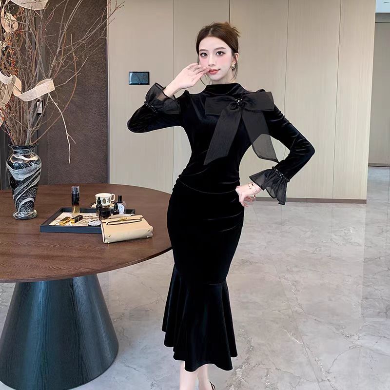 【dress】秋冬リボンマーメイドワンピースG24184