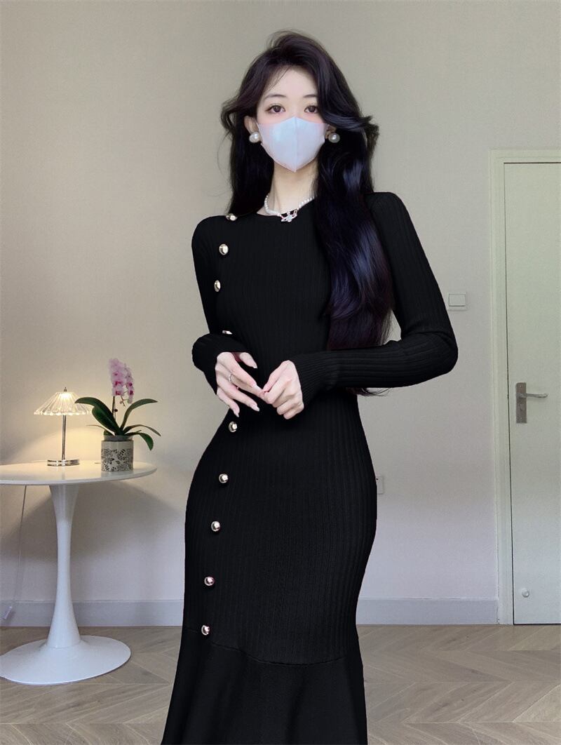 【dress】ボタンデザインマーメイドニットワンピース　M18048