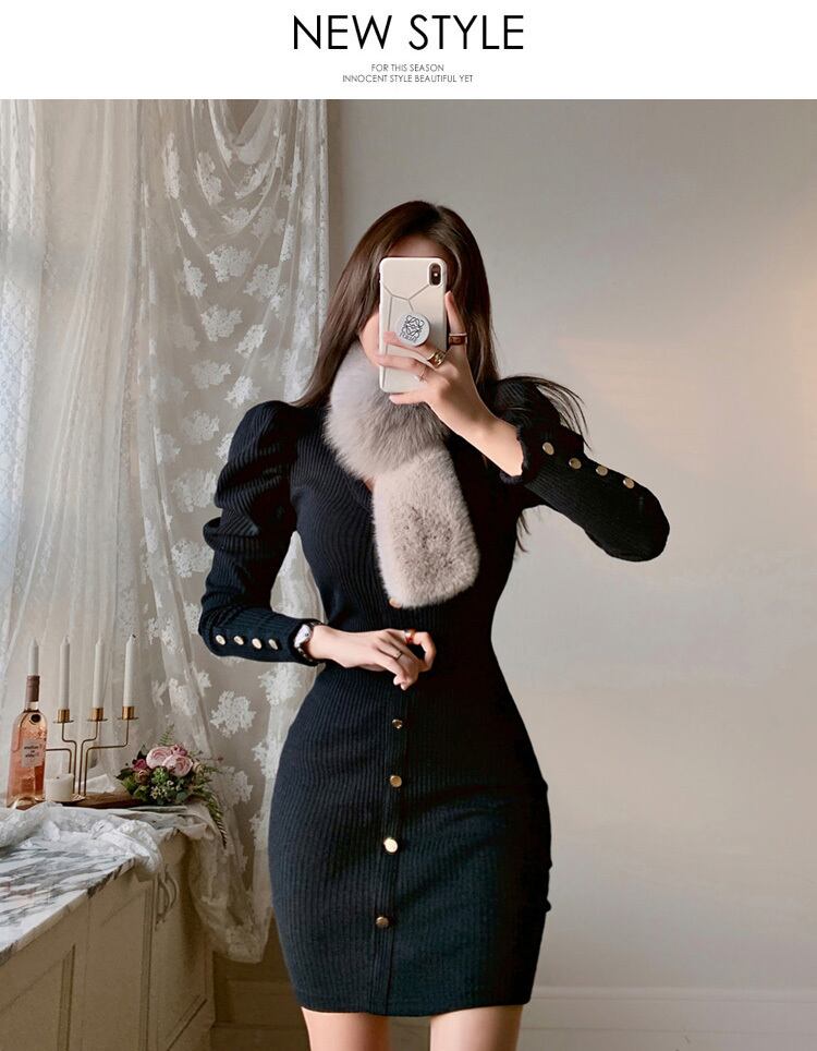 【dress】好感度UP!気質満点レトロ秋冬Vネック体型カバーお洒落ニットワンピース G2420