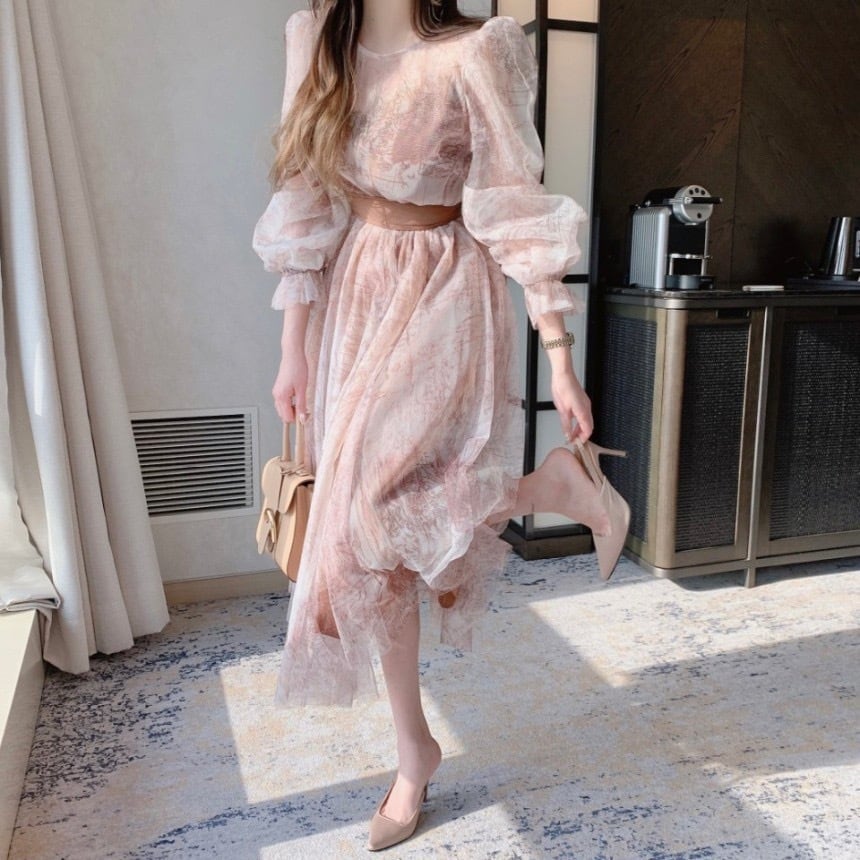 【dress】パフスリーブチュールワンピース　M30144