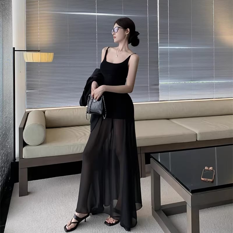 【dress】チュールドッキングロングキャミワンピース Q8154