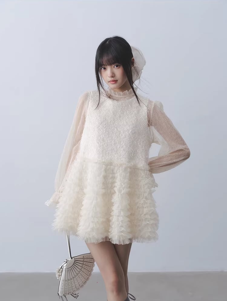 【dress】ギャザーフリルチュールドッキングベストワンピース Q7962
