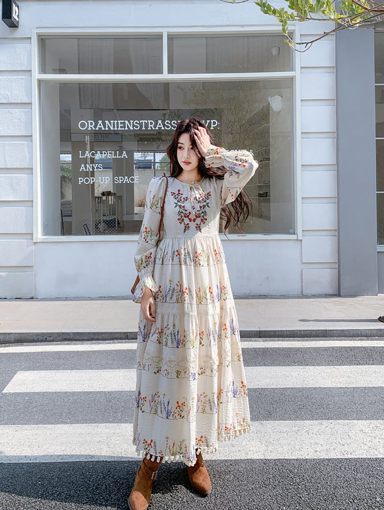 【dress】フリンジ付き花柄ロングワンピース Q8225