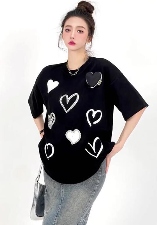 【tops】ラウンドネック半袖ハート柄ＴシャツF7313