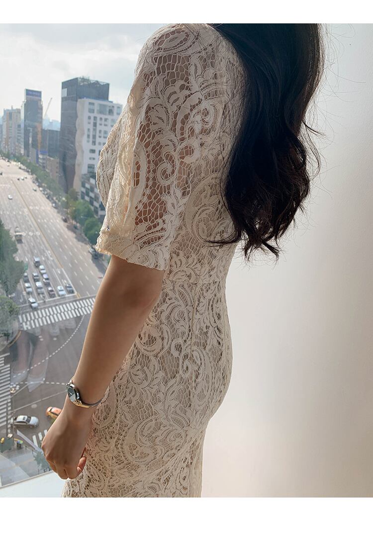 【dress】韓国ファッションVネック半袖レース体型カバー気質淑女マーメイドワンピースF0293