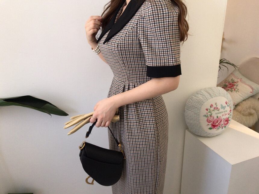 【dress】韓国風好感度UP!気質満点着痩せ折り襟 エレガント千鳥格子ワンピース G0336