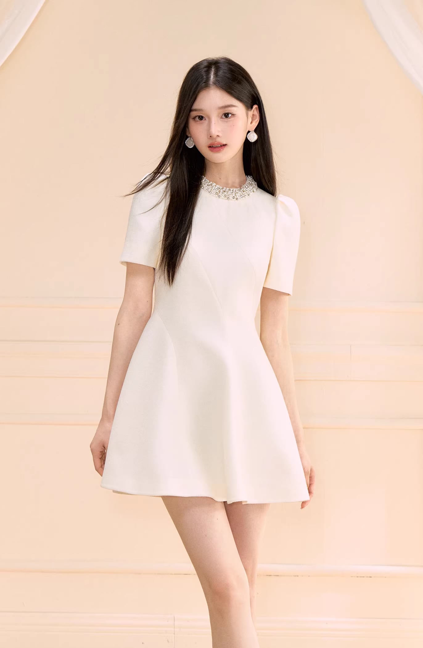 【dress】パール付きAラインフレアワンピース Q8463