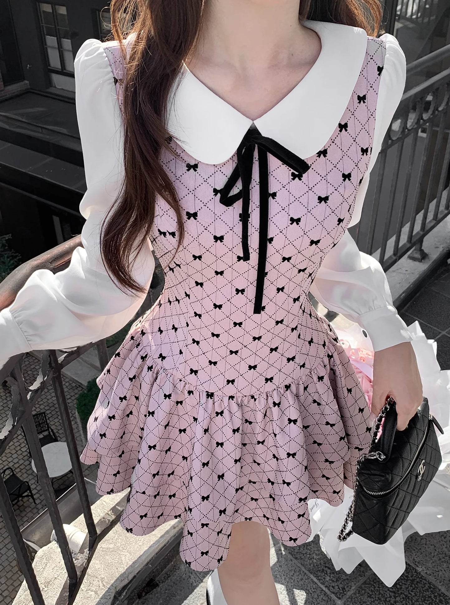 【dress】ピーターパンカラーフェイクレイヤードワンピース Q7570