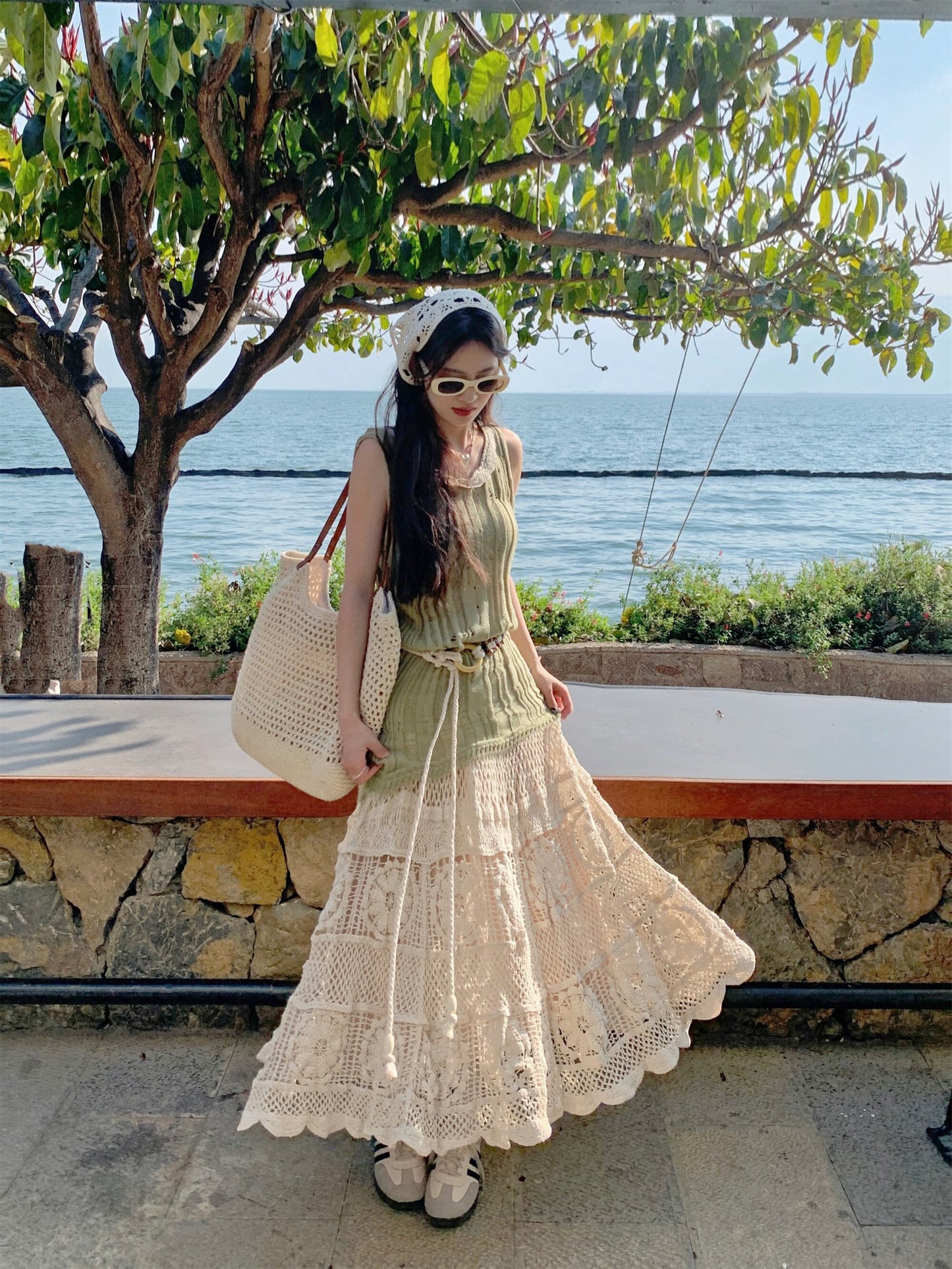 【set】ニットベスト+レース透かし彫りスカート２点セットG21099