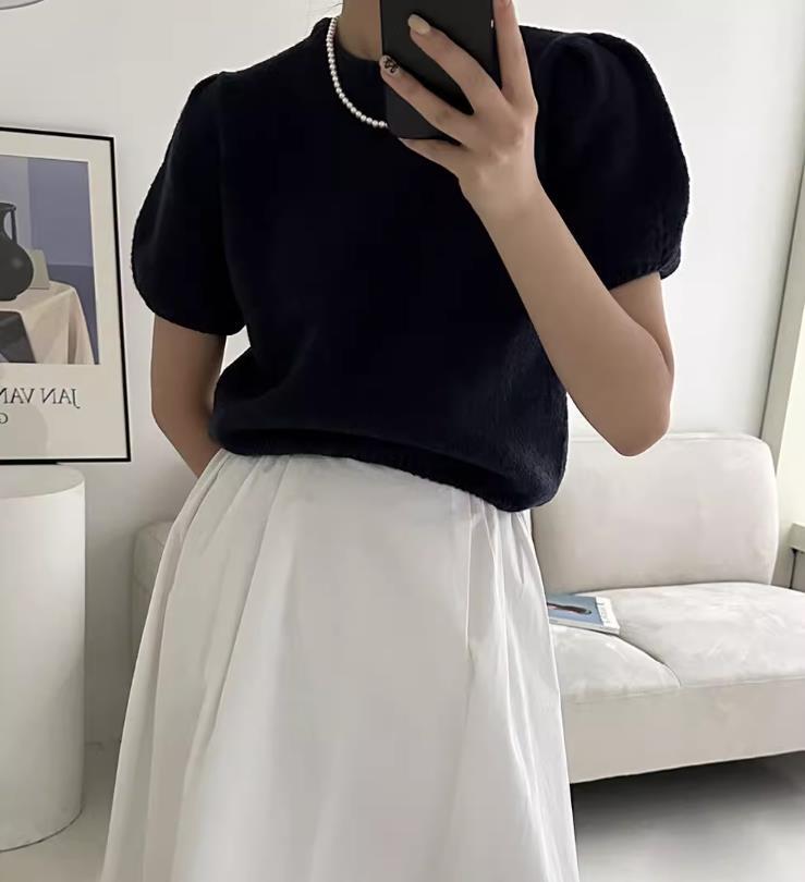 【tops】半袖パフ袖ニットＴシャツF7427