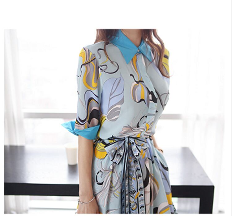 【dress】韓国風気質満点ファッション折り襟不規則 プリントワンピース G0398