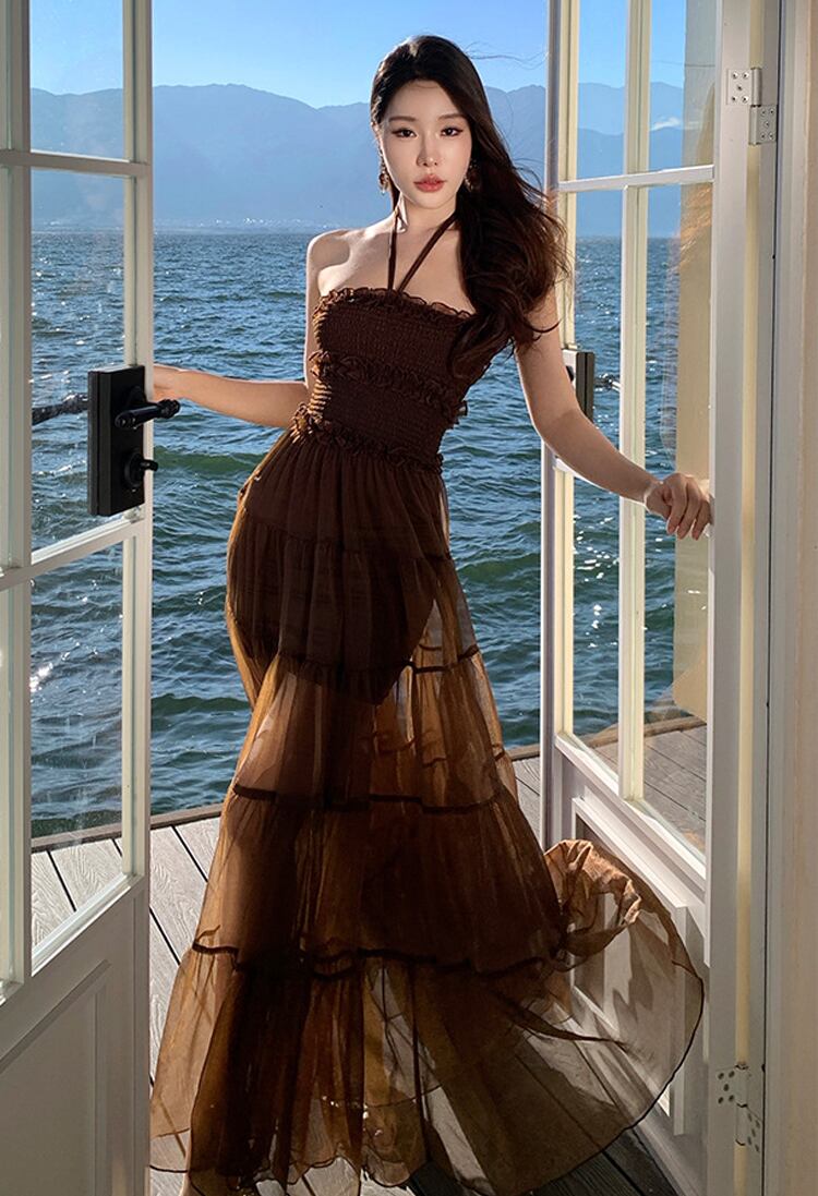【dress】ホルターネックシアーチュールロングワンピース Q8483