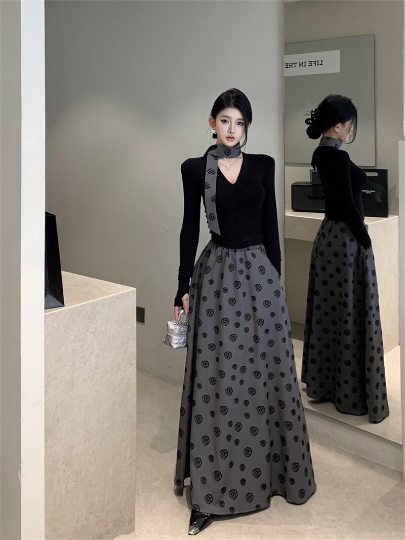 【set】Vネックトップス×スカートセット　M29532
